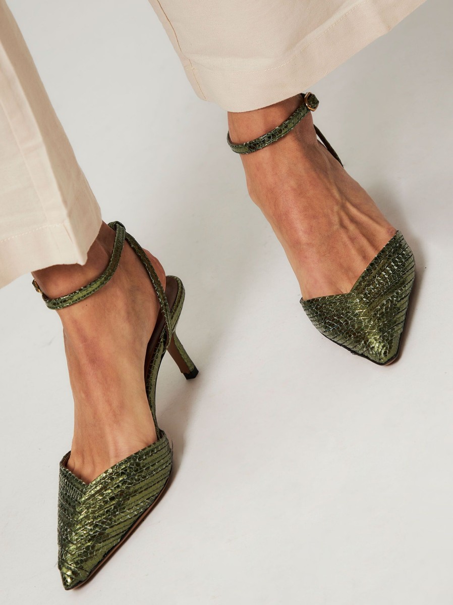 Women Anonymous Copenhagen Sandals | Givia, Leather Metallic Sandals Green