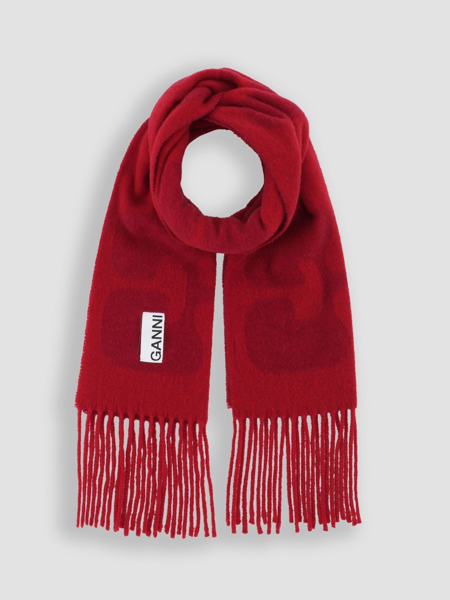 Women Ganni Scarves | Wool Logo Scarf Red