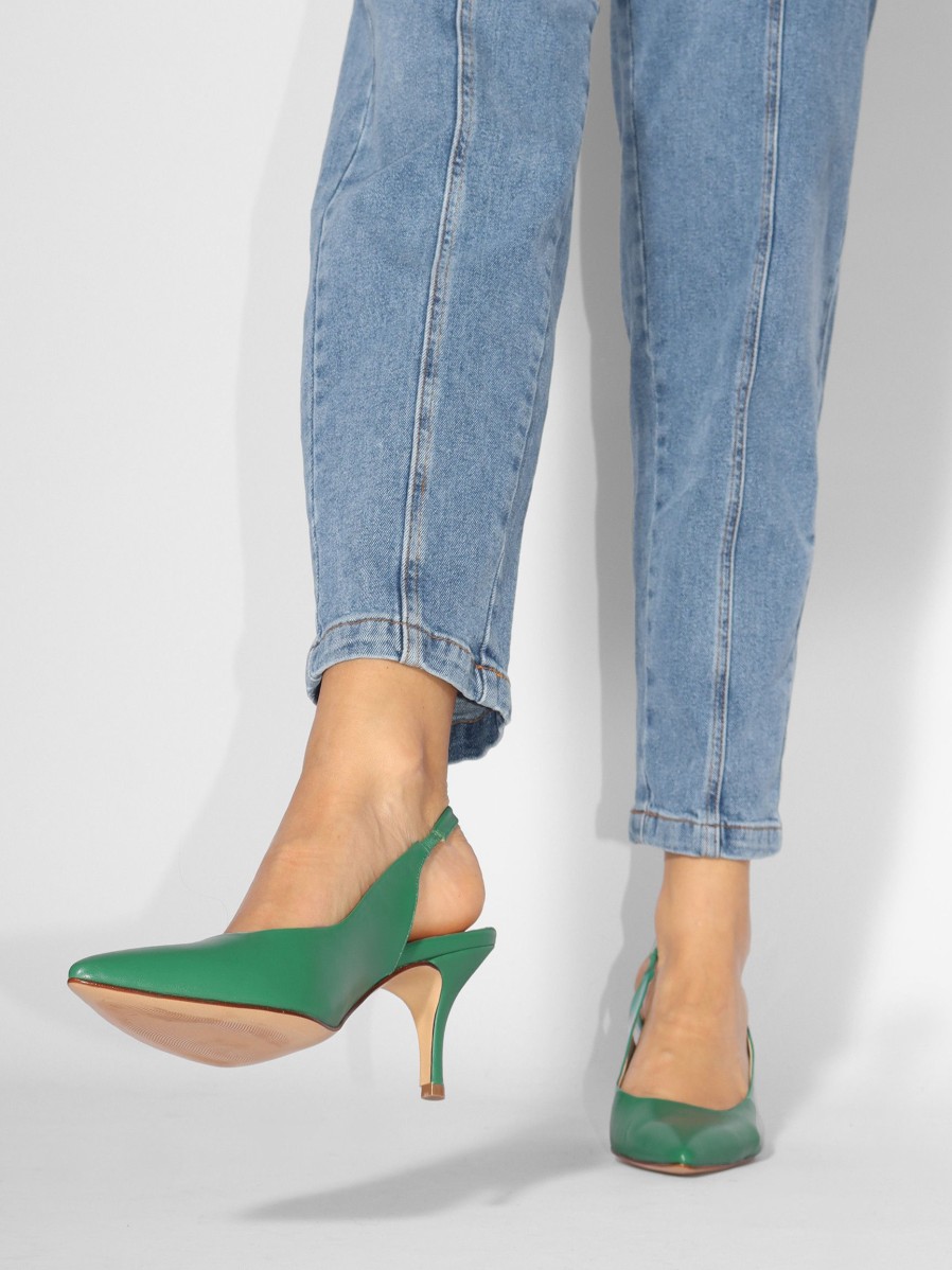 Women Brown Dot. Pumps And Slingbacks | Grace, Leather Slingbacks Green