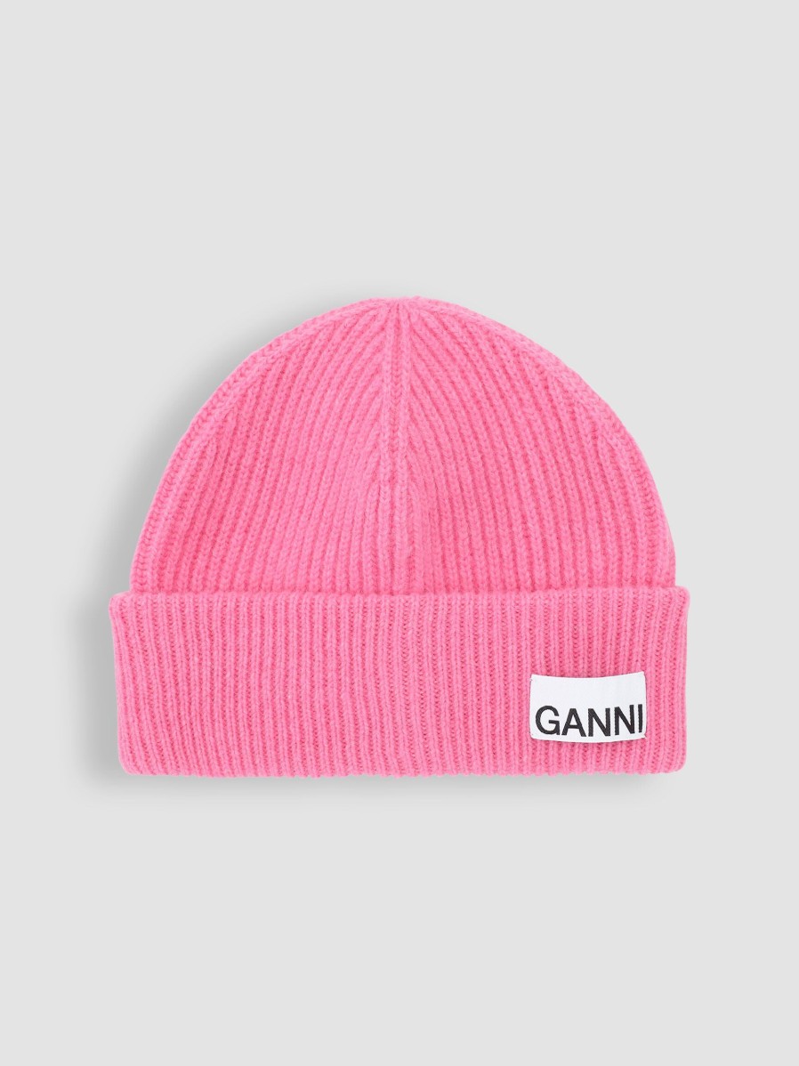 Women Ganni Hats And Beanies | Wool Mix Logo Beanie Pink