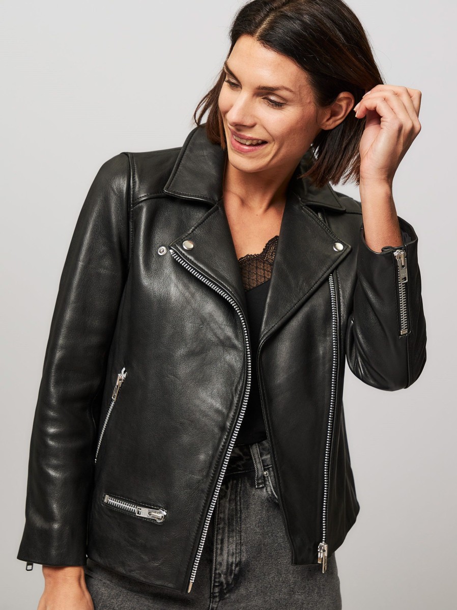 Women Samsoe Samsoe Outerwear | Welter, Leather Biker Jacket Black