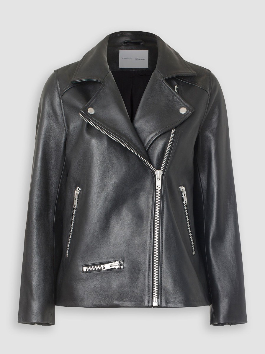 Women Samsoe Samsoe Outerwear | Welter, Leather Biker Jacket Black