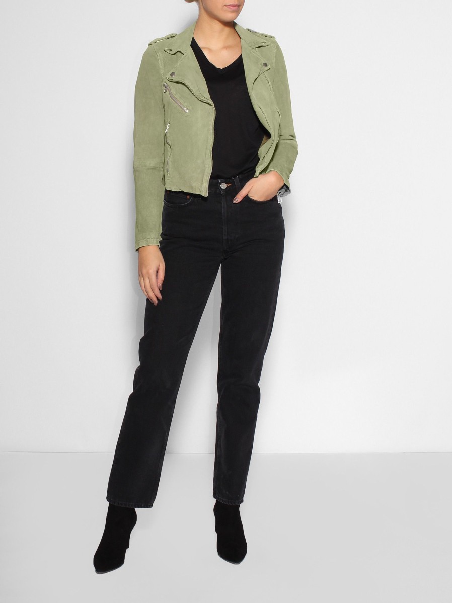 Women Goosecraft Outerwear | Marlin, Suede Biker Jacket Olive Green