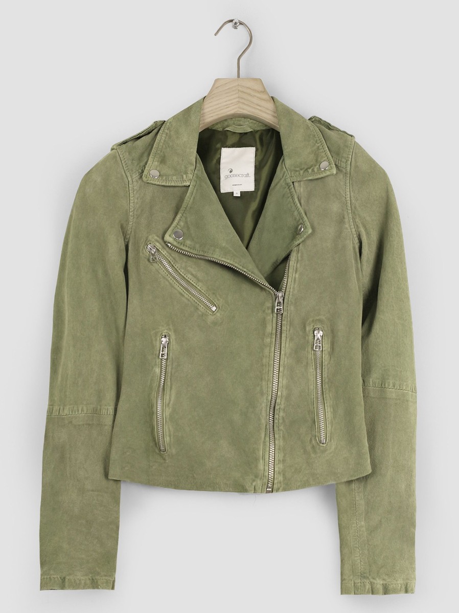 Women Goosecraft Outerwear | Marlin, Suede Biker Jacket Olive Green