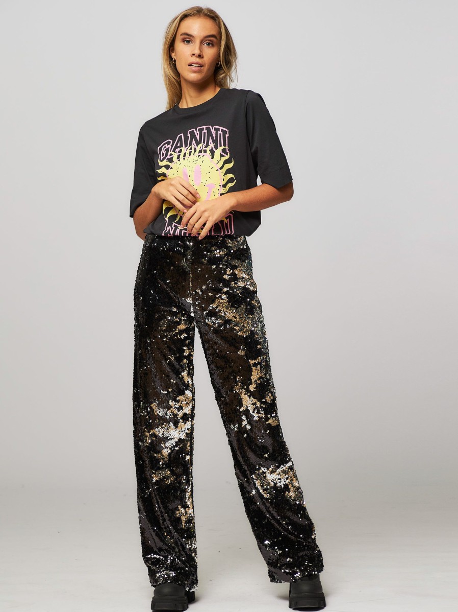 Women Mads Norgaard Pants And Jumpsuits | Penelope, Woven Trousers With Sequins Black