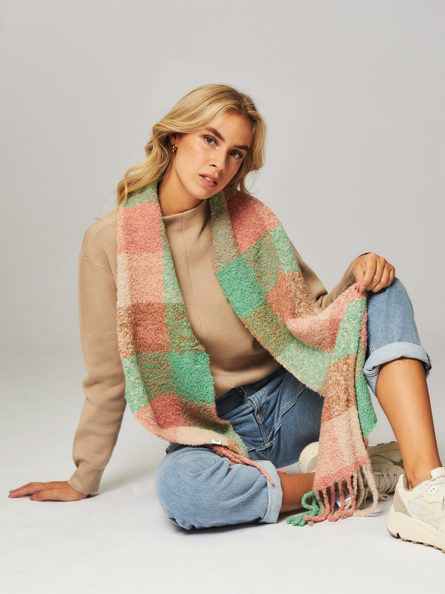 Women Becksondergaard Scarves | Alpaca Mix Teddy Scarf With Checkered Pattern Green