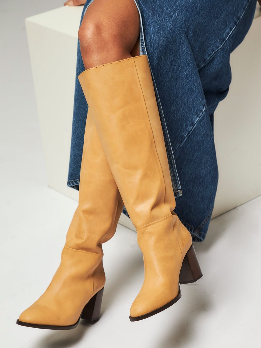 Women Brown Dot. Boots | Amanda, Leather High Boots Caramel