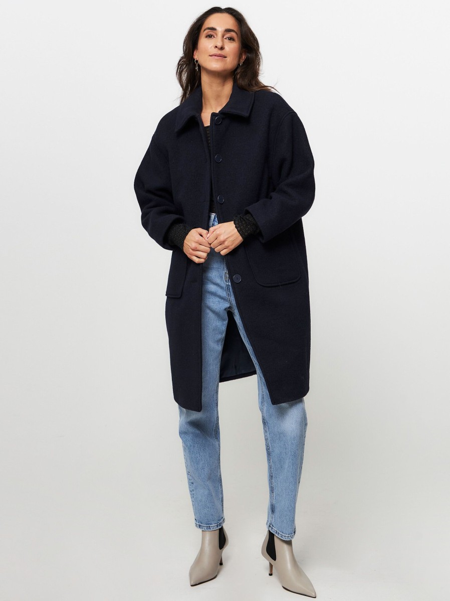 Women American Vintage Outerwear | Bazybay, Wool Mix Coat Dark Blue