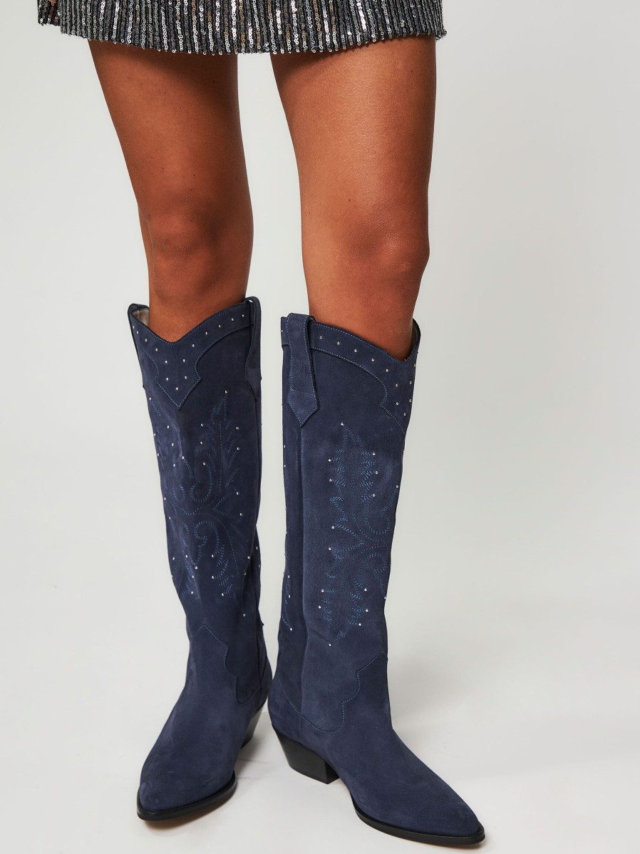 Women Silver Grace Boots | Hudson, Suede High Western Boots With Studs Dark Blue