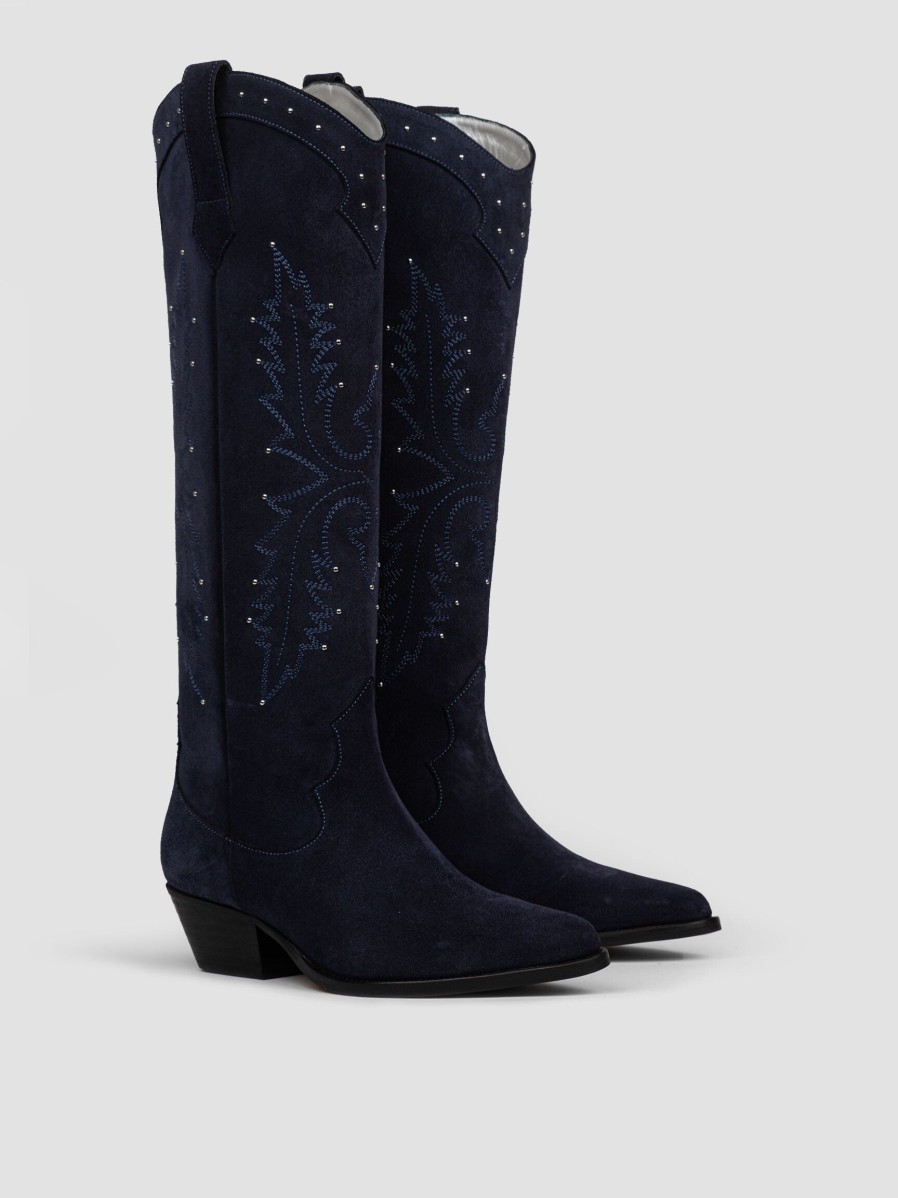 Women Silver Grace Boots | Hudson, Suede High Western Boots With Studs Dark Blue