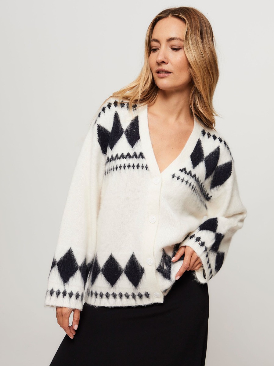 Women Tommy Hilfiger Sweaters And Cardigans | Cotton Mix Oversized Cardigan With Pattern Off White