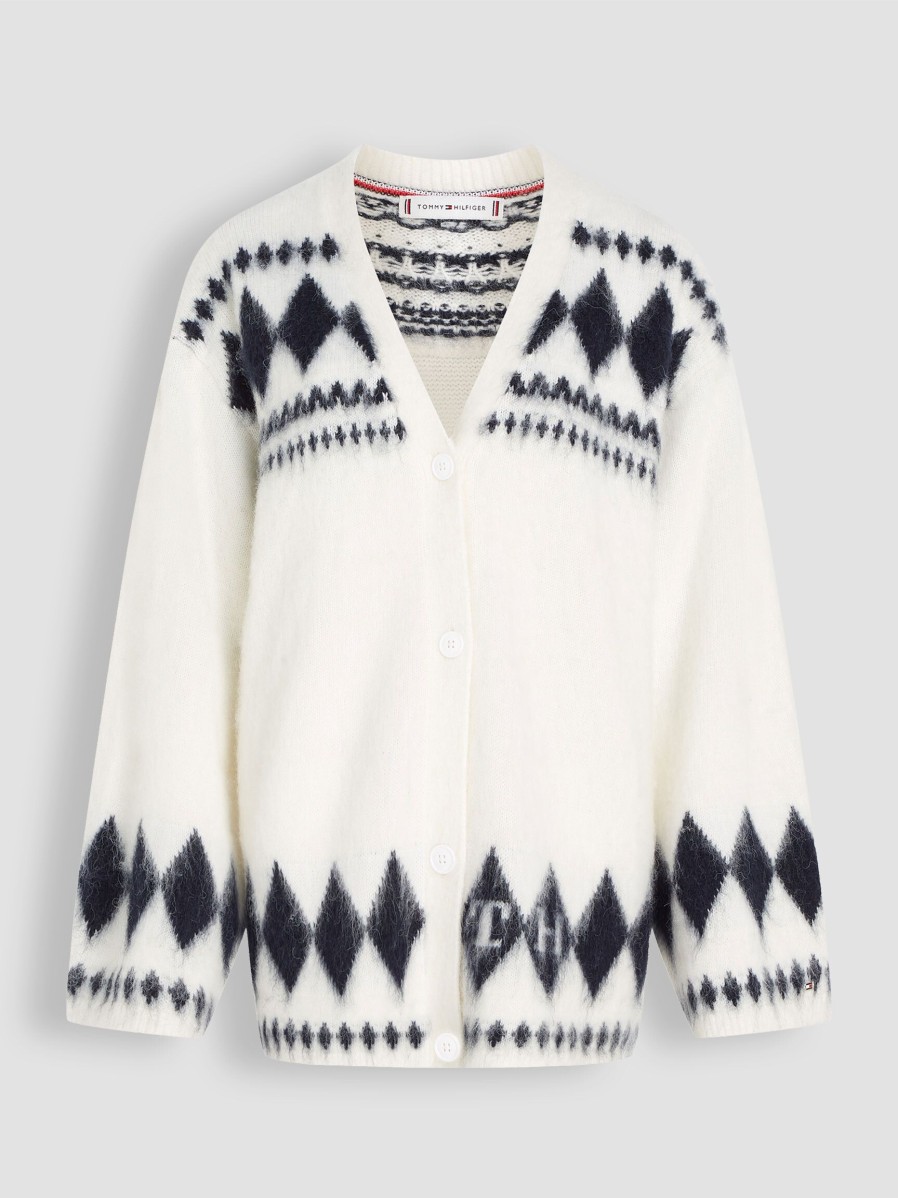 Women Tommy Hilfiger Sweaters And Cardigans | Cotton Mix Oversized Cardigan With Pattern Off White