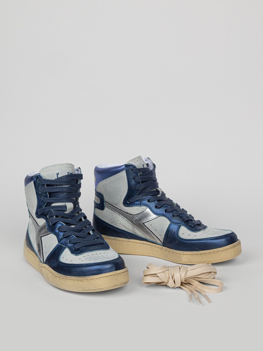 Women Diadora Sneakers | Mi Basket, Leather High Metallic Sneakers Blue