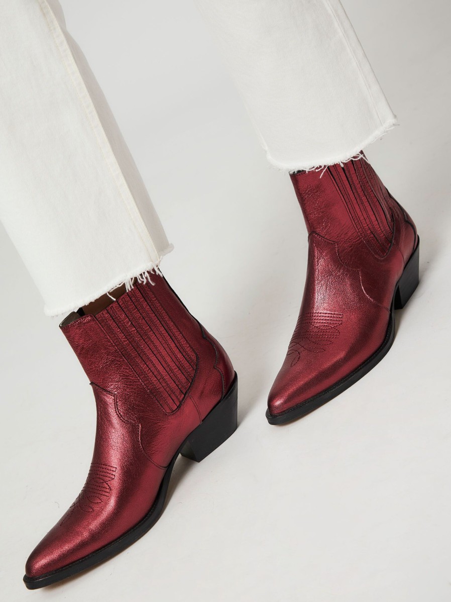 Women Silver Grace Boots | Hudson, Leather Metallic Western Boots Bordeauxred