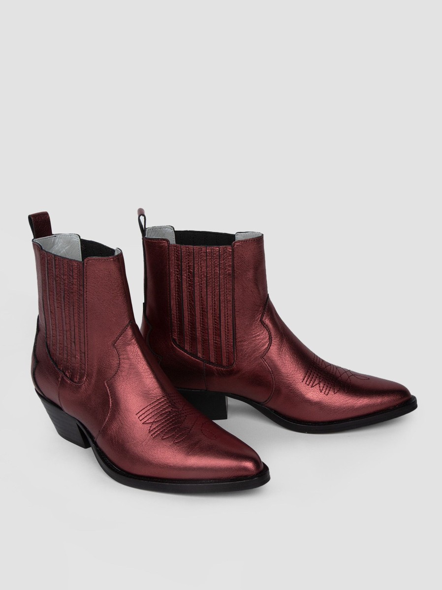 Women Silver Grace Boots | Hudson, Leather Metallic Western Boots Bordeauxred