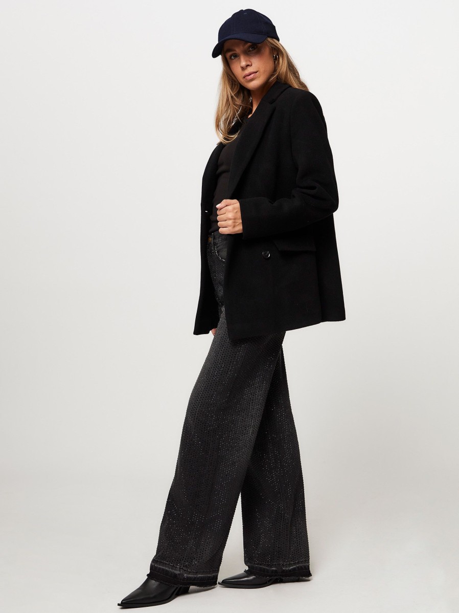 Women Samsoe Samsoe Outerwear | Falcon, Wool Mix Double Breasted Coat Black