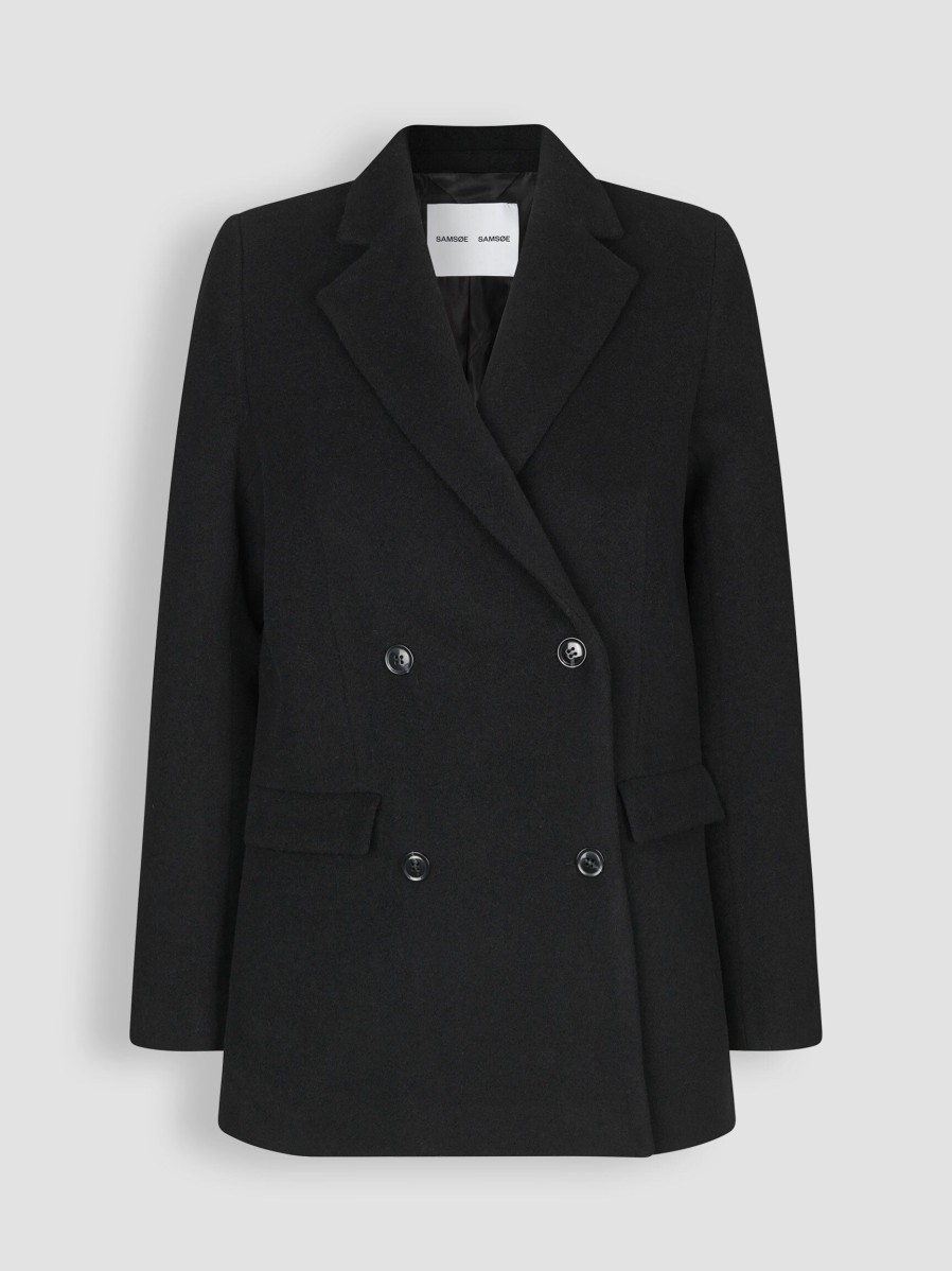 Women Samsoe Samsoe Outerwear | Falcon, Wool Mix Double Breasted Coat Black