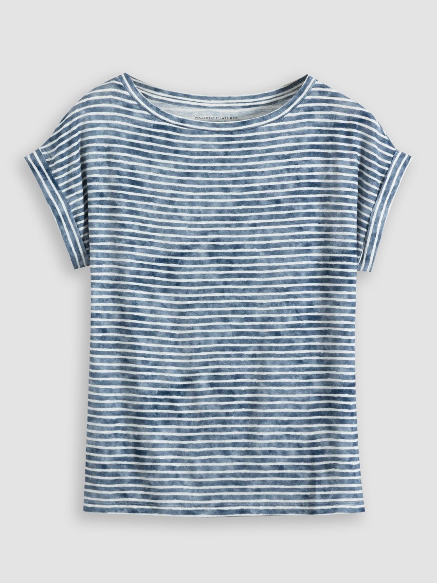 Women Majestic Filatures Tops And Blouses | Viscose/Linen Mix Slub Top With Striped Pattern Dark Blue