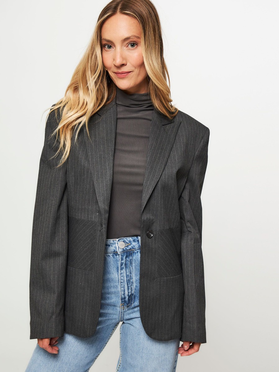 Women Les Coyotes de Paris Blazers And Jackets | Viscose Mix Pinstripe Blazer Dark Grey