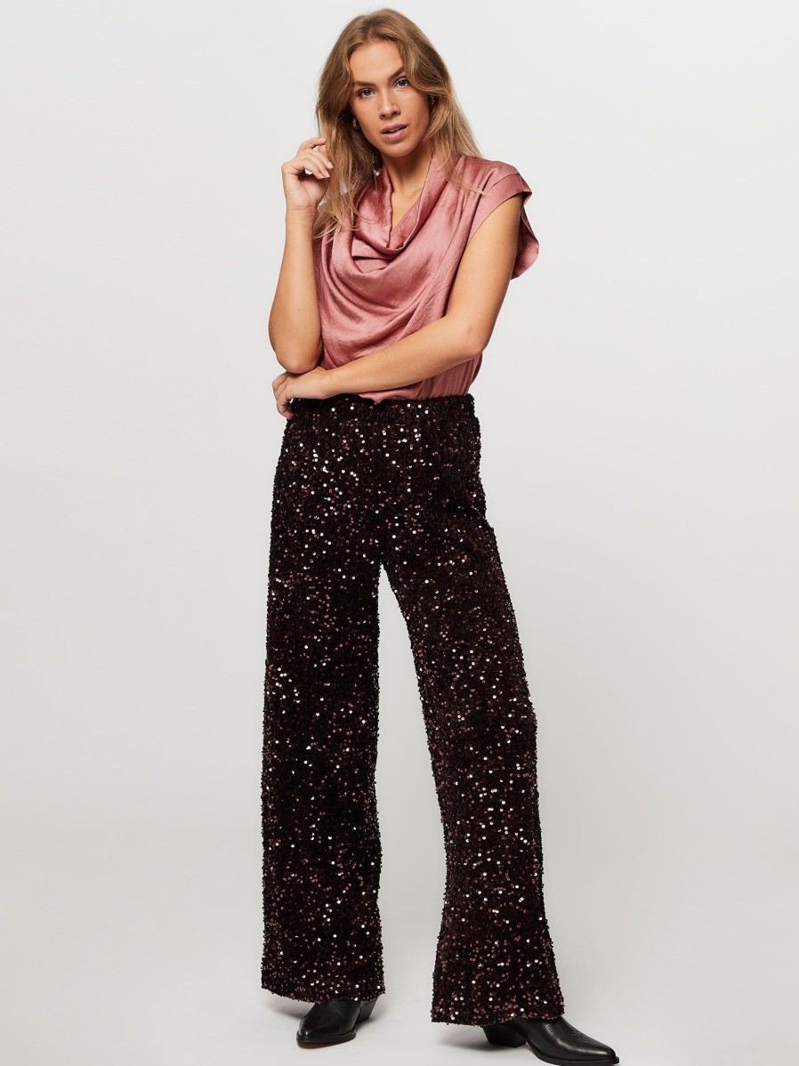 Women Summum Pants And Jumpsuits | Woven Velvet Wide Leg Trousers With Sequins Aubergine