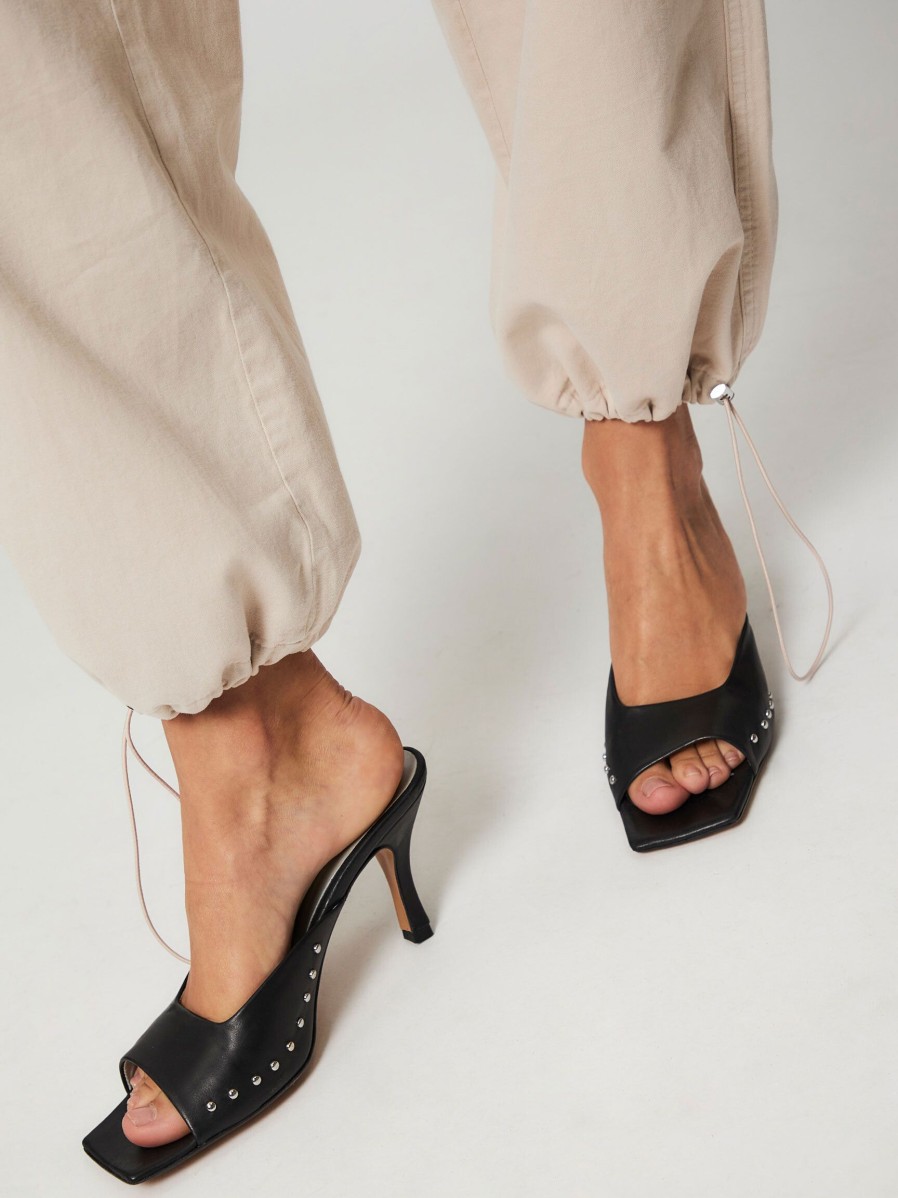 Women Silver Grace Sandals | Soho, Leather Mules With Studs Black