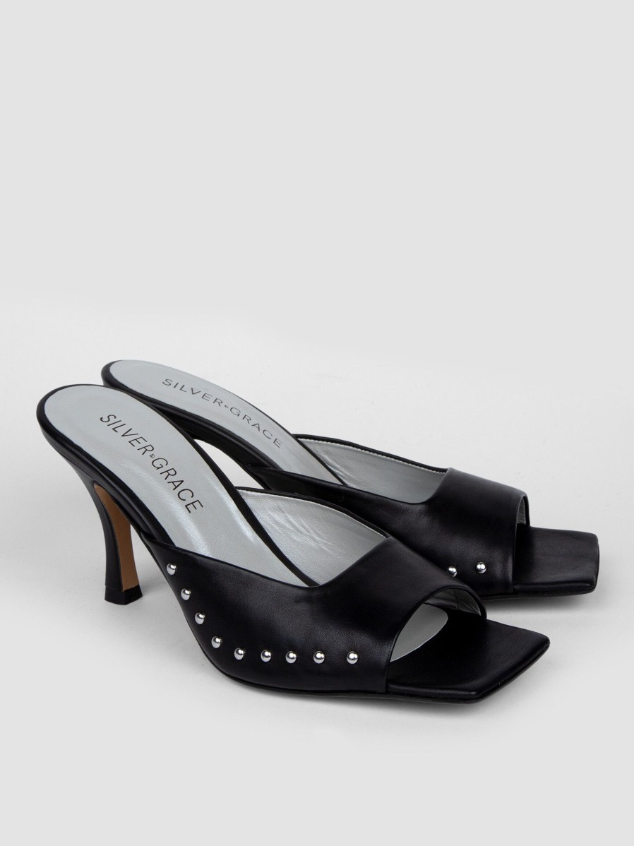 Women Silver Grace Sandals | Soho, Leather Mules With Studs Black