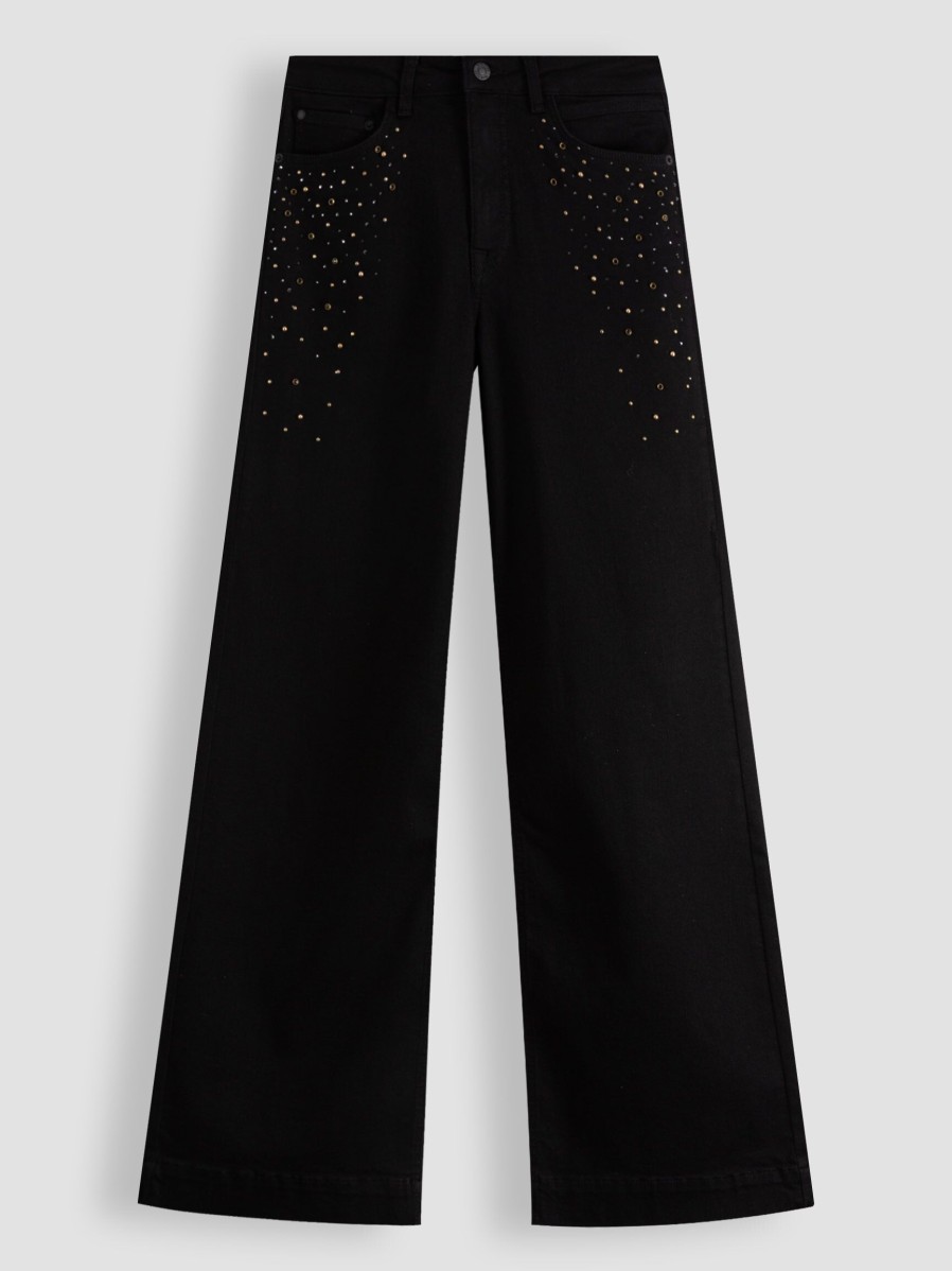 Women Summum Jeans | High Waist Wide Leg Stretch Jeans With Studs Black