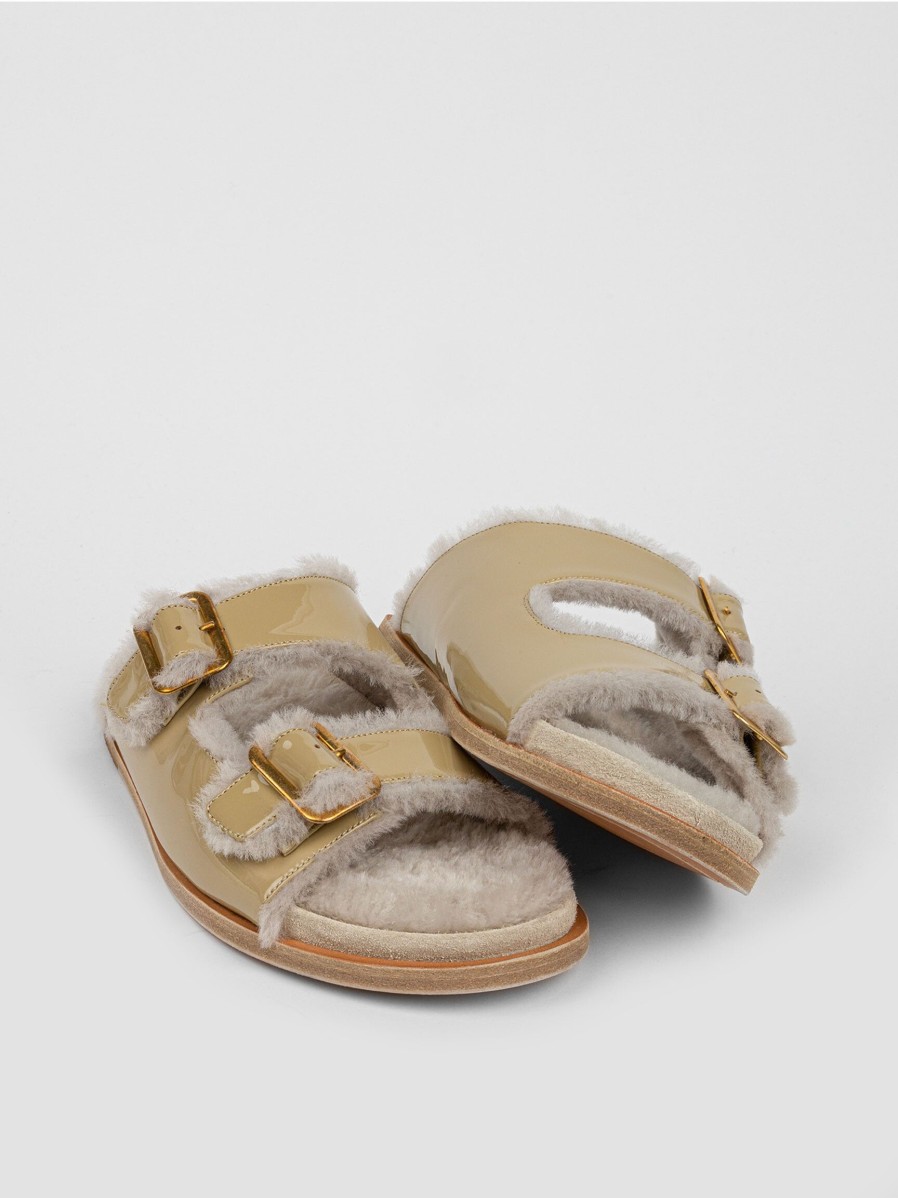 Women forte_forte Flip Flops | Leatherlook Fake Fur Flip Flops Ecru