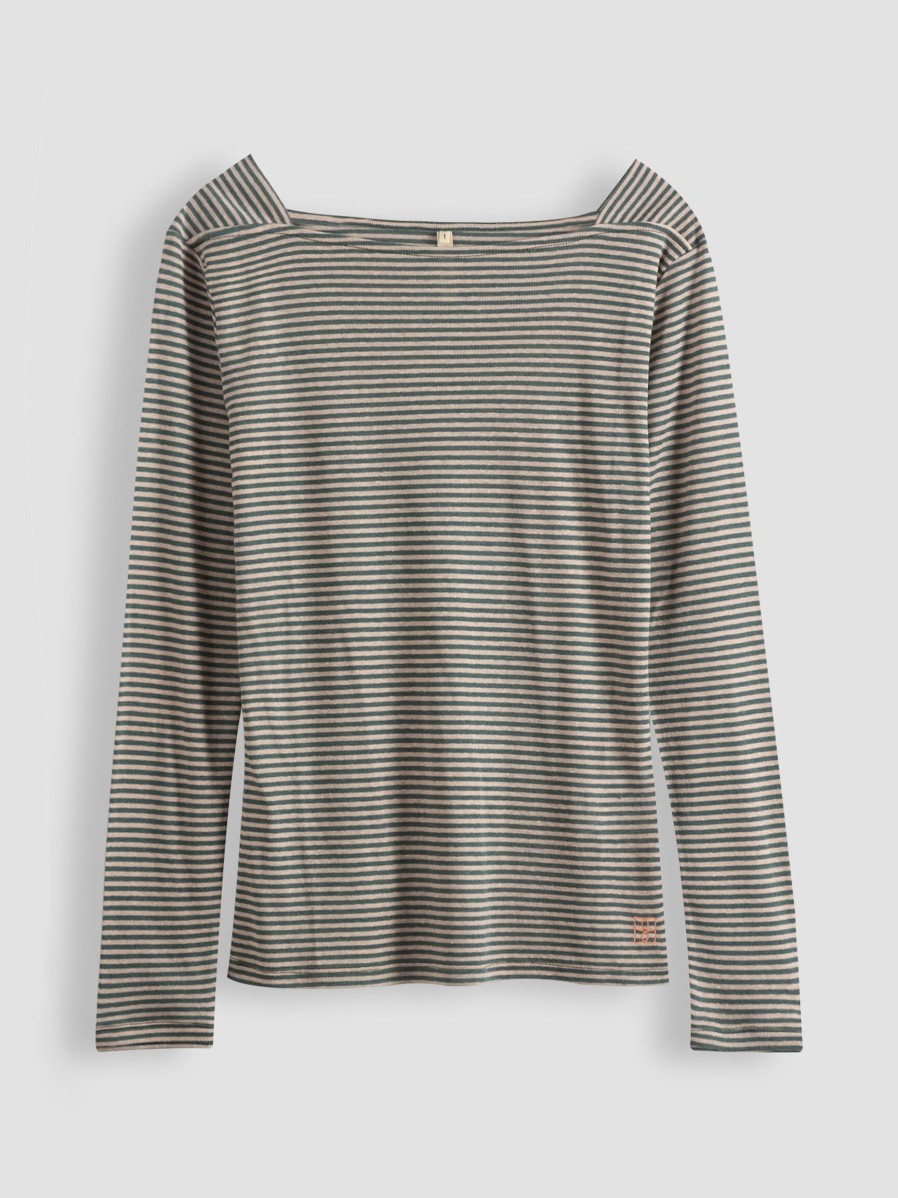 Women Bellerose Tops And Blouses | Veras, Lyocell/Wool Mix Top With Striped Pattern Green