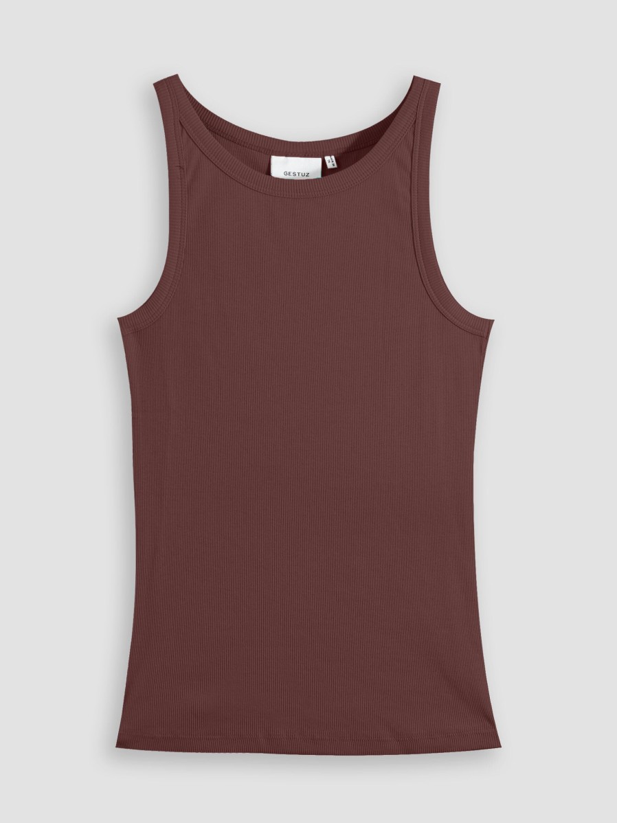 Women Gestuz Tops And Blouses | Drew, Cotton Mix Rib Tank Top Aubergine