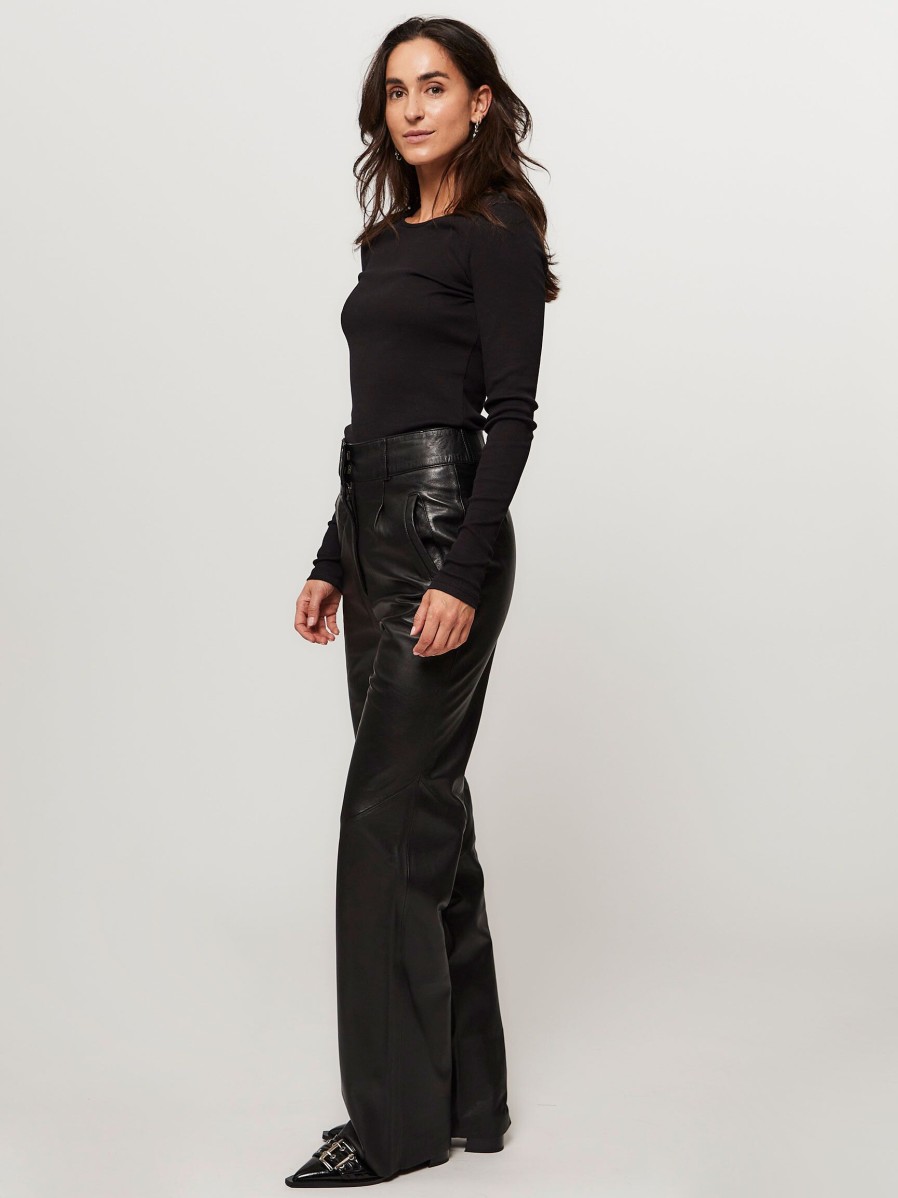 Women Alter Ego Pants And Jumpsuits | Lee, Leather Wide Leg Trousers Black