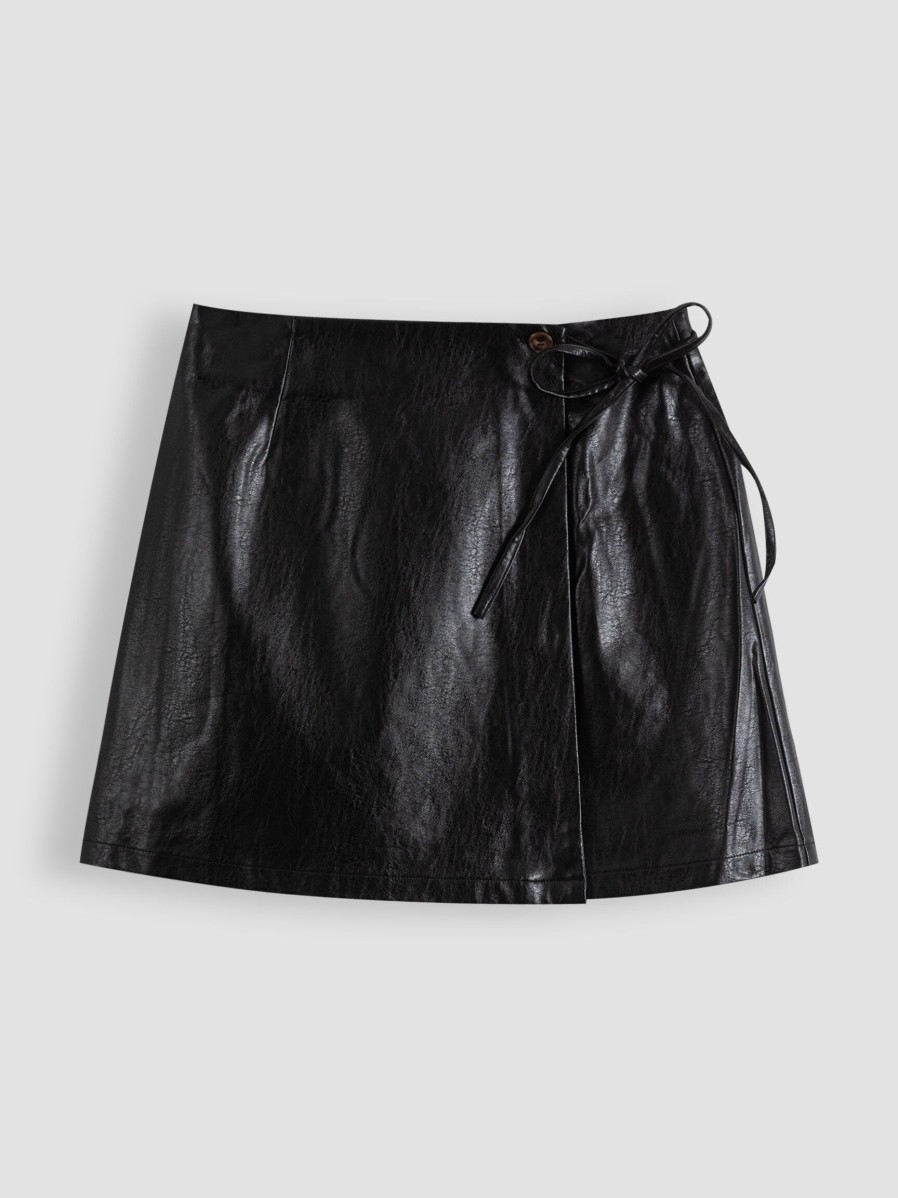 Women Frnch Skirts | Romane, Leatherlook Wrap Over Skirt Black