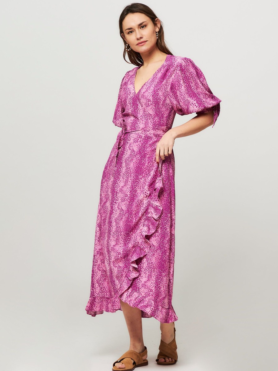 Women Fabienne Chapot Dresses And Tunics | Channa, Viscose Wrap Over Dress With Print Pink