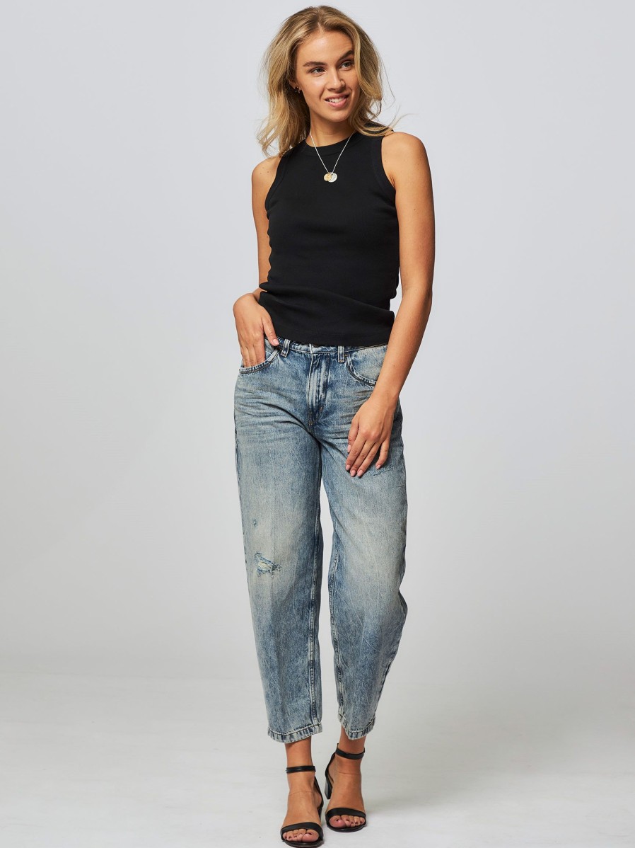 Women Drykorn Jeans | Shelter, Mid Waist Loose Fit Destroyed Jeans Bluegrey