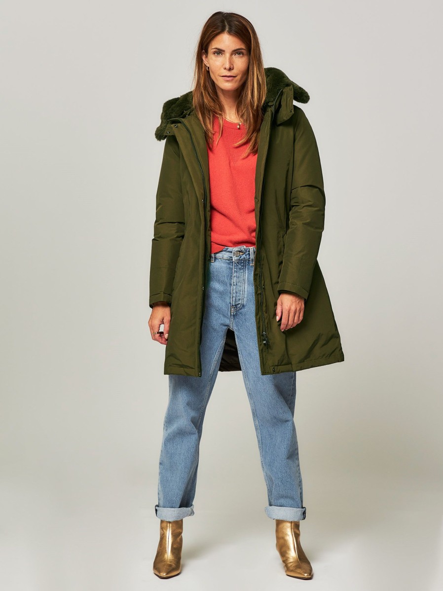 Women Woolrich Outerwear | Bow Bridge, Cotton Mix Padded Parka Dark Green