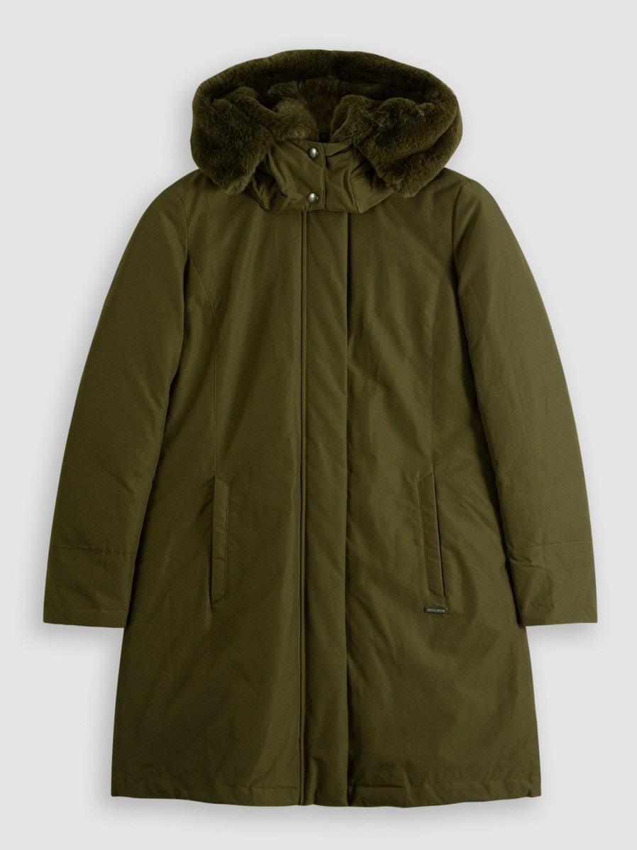 Women Woolrich Outerwear | Bow Bridge, Cotton Mix Padded Parka Dark Green