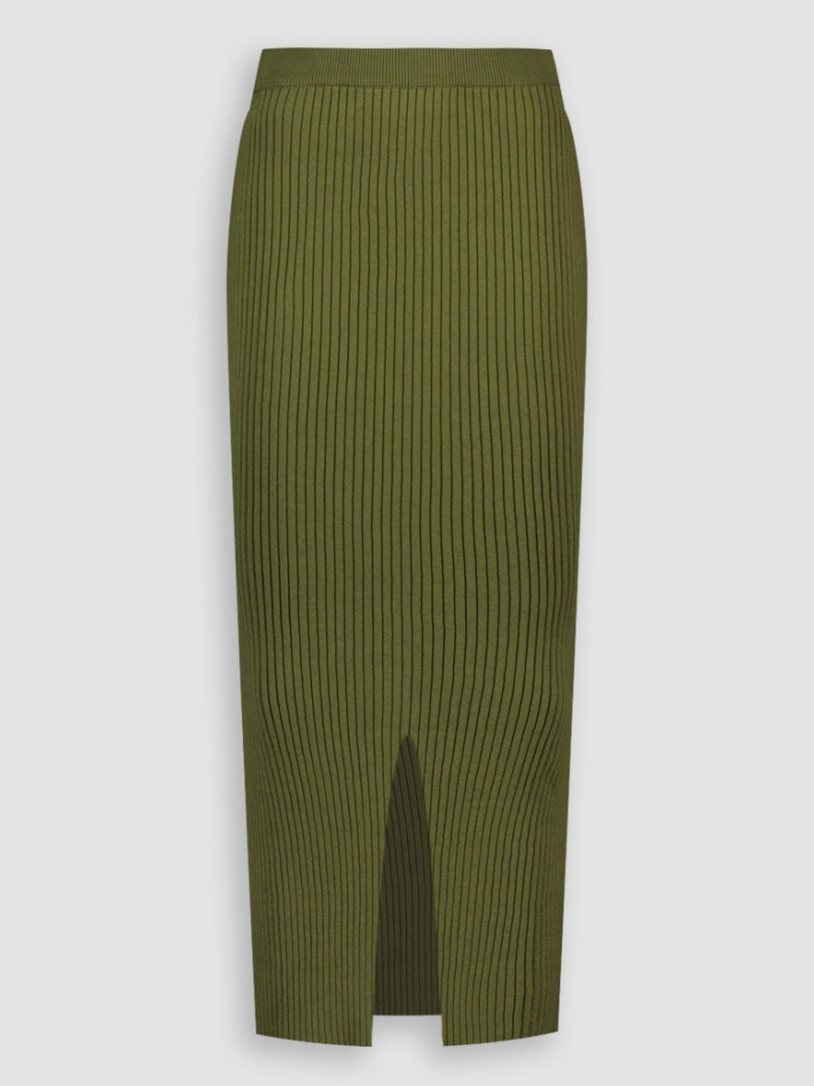 Women Another-Label Skirts | Aliyah, Cotton Rib Knitted Pencil Skirt Olive Green