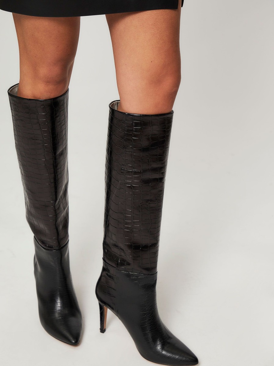 Women Silver Grace Boots | Paris, Leather High Boots With Croco Relief Black