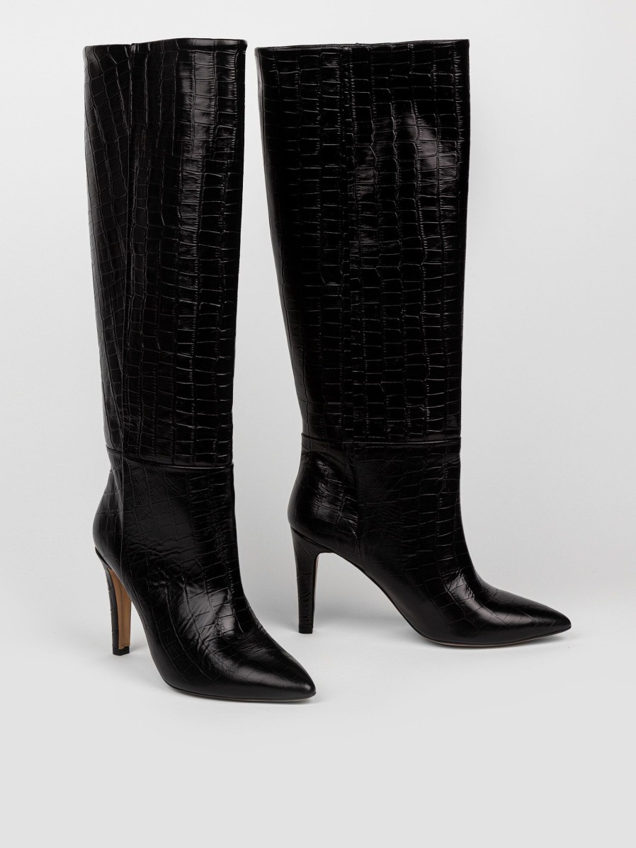 Women Silver Grace Boots | Paris, Leather High Boots With Croco Relief Black