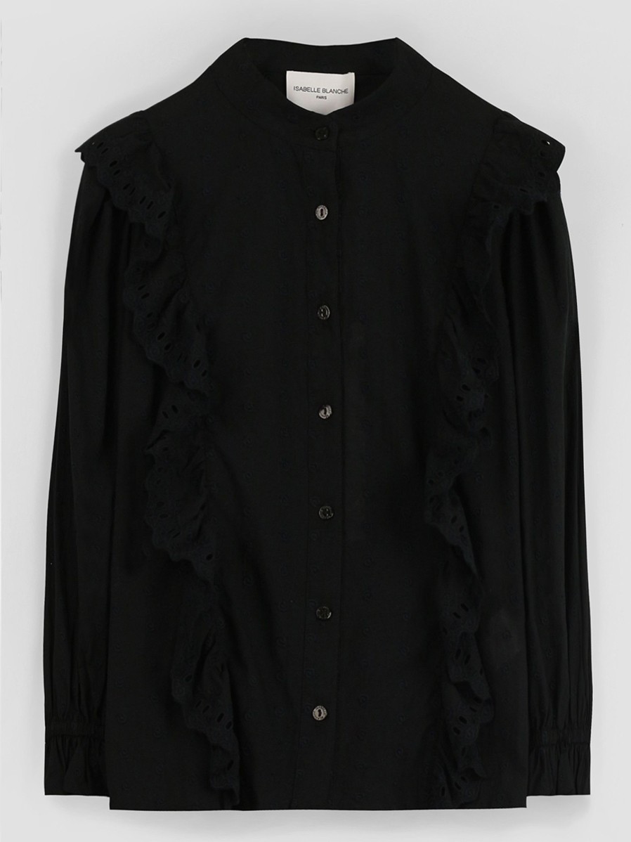 Women Isabelle Blanche Paris Tops And Blouses | Cotton Embroidery Blouse With Ruffles Black