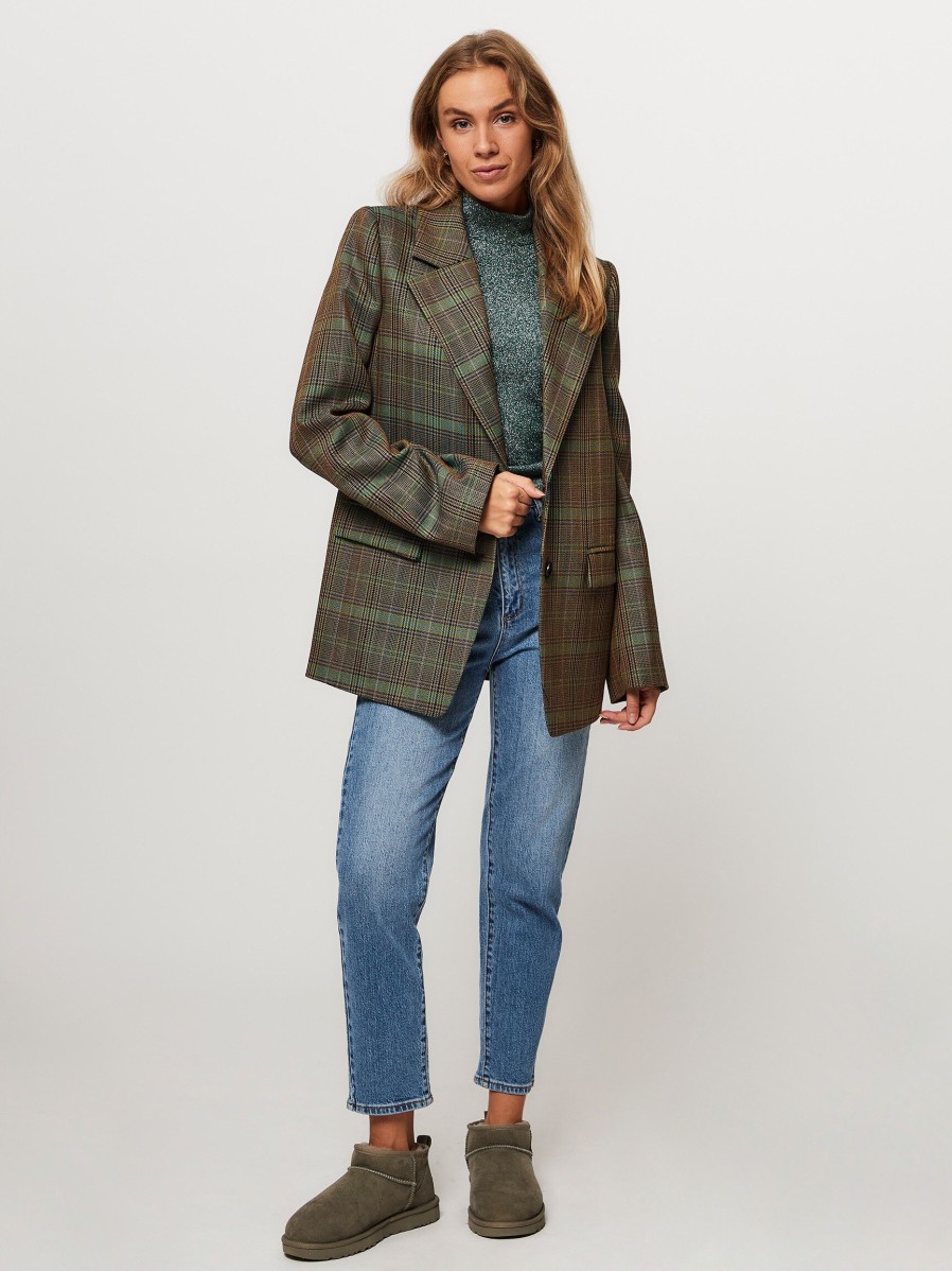 Women Drykorn Blazers And Jackets | Bascote, Wool Blazer With Checkered Pattern Green/Brown