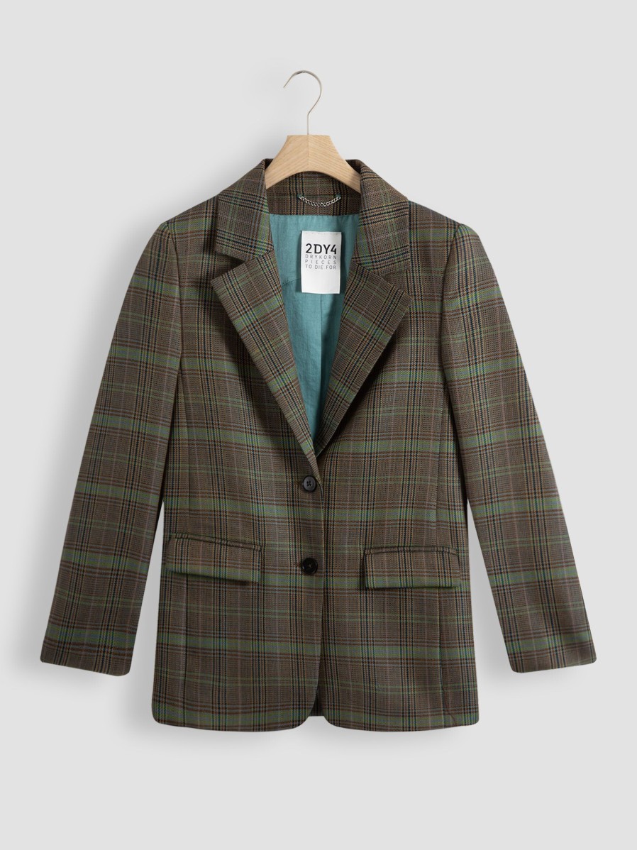 Women Drykorn Blazers And Jackets | Bascote, Wool Blazer With Checkered Pattern Green/Brown