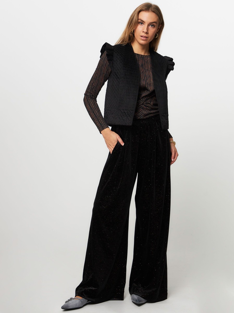 Women Sessun Pants And Jumpsuits | Chaggy, Woven Velvet Wide Trousers With Print Black