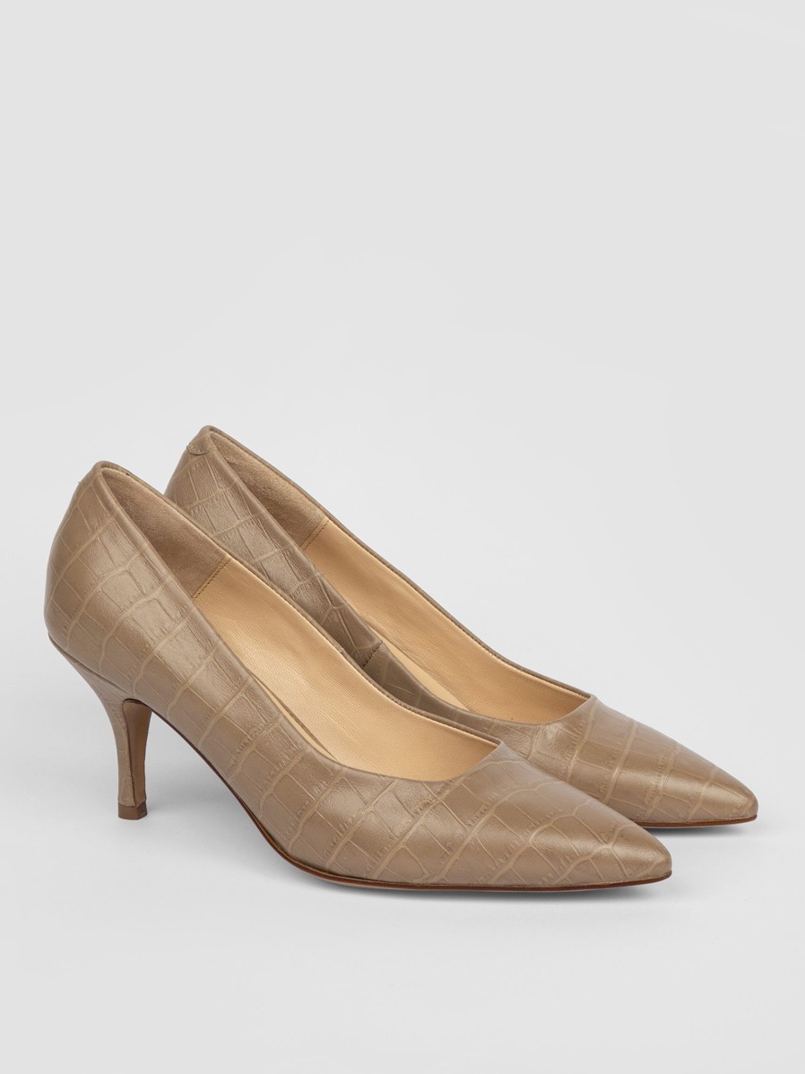 Women Brown Dot. Pumps And Slingbacks | Grace, Leather Pumps With Croco Pattern Taupe