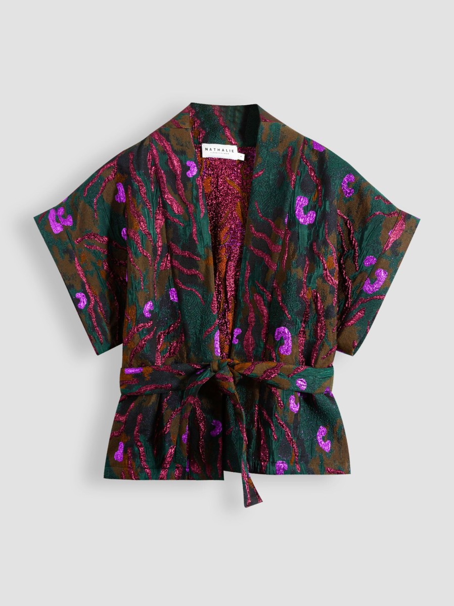 Women Nathalie Vleeschouwer Blazers And Jackets | Anzu, Viscose Mix Kimono With Lurex Pattern Dark Green