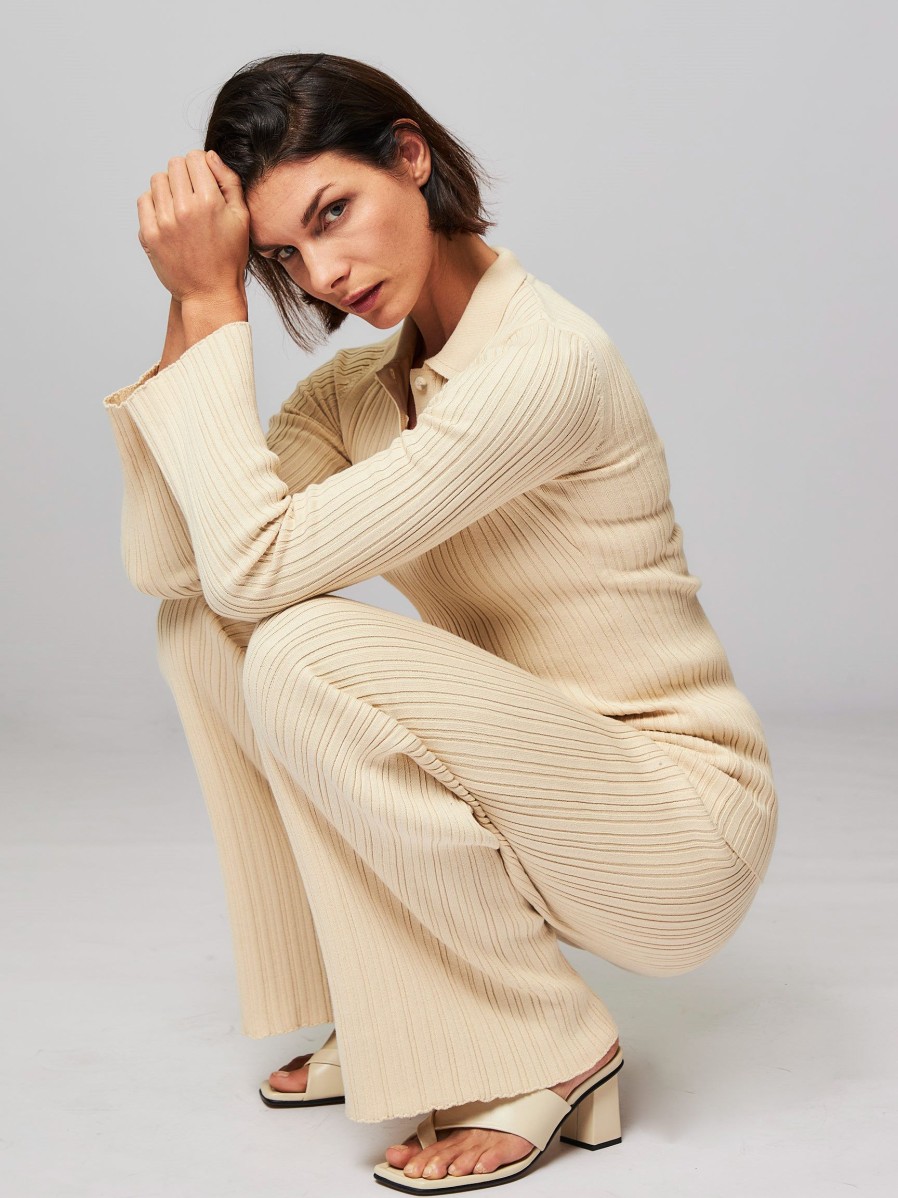 Women Another-Label Pants And Jumpsuits | Aurelie, Organic Cotton Flared Fit Rib Trousers Sand