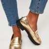 Women Sebago Ballet Flats And Loafers | Dan Met Lug, Leather Metallic Loafers Gold Colour