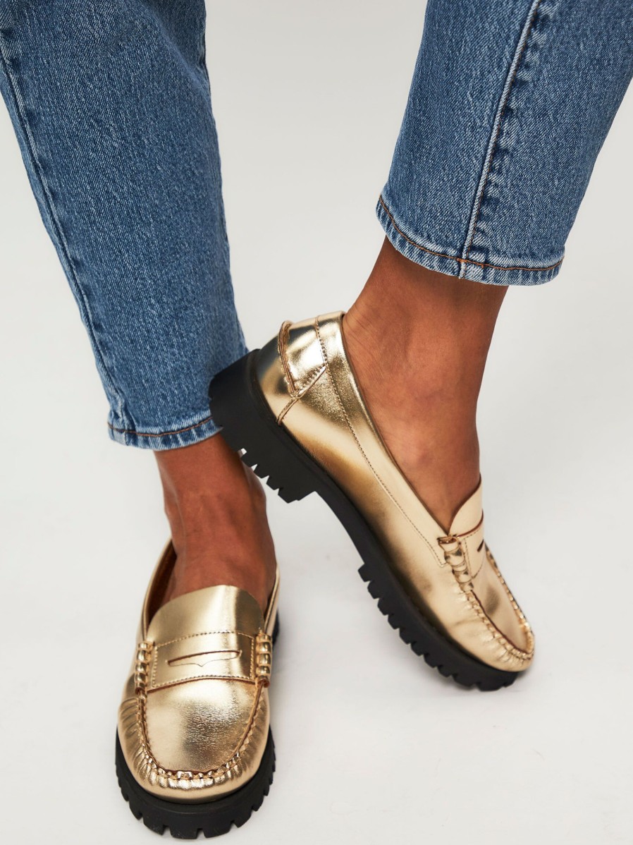 Women Sebago Ballet Flats And Loafers | Dan Met Lug, Leather Metallic Loafers Gold Colour