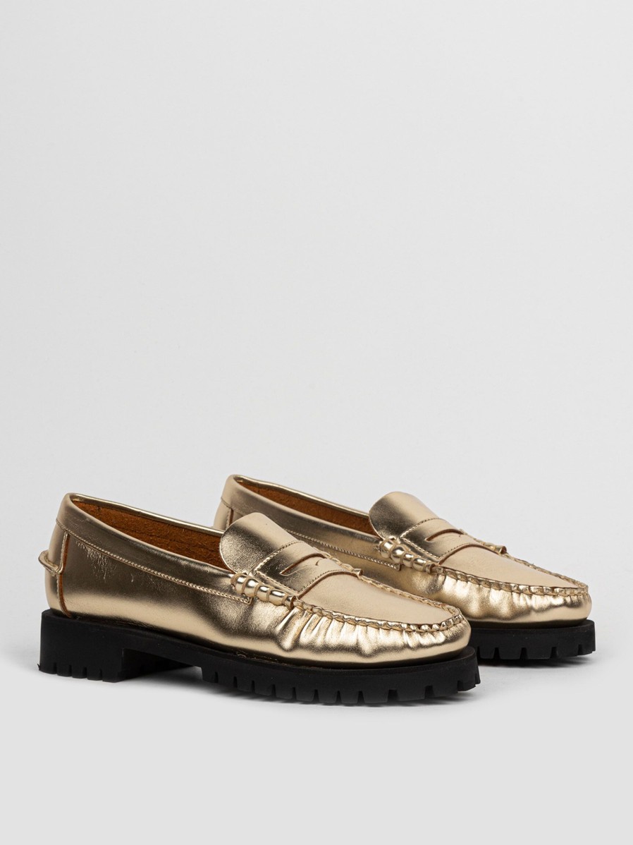 Women Sebago Ballet Flats And Loafers | Dan Met Lug, Leather Metallic Loafers Gold Colour