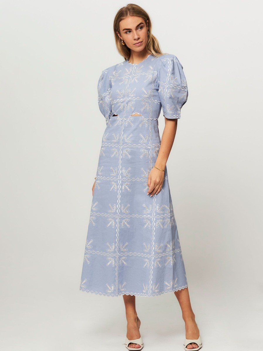 Women Magali Pascal Dresses And Tunics | Nanette, Linen Mix Maxi Dress With Embroidery Blue